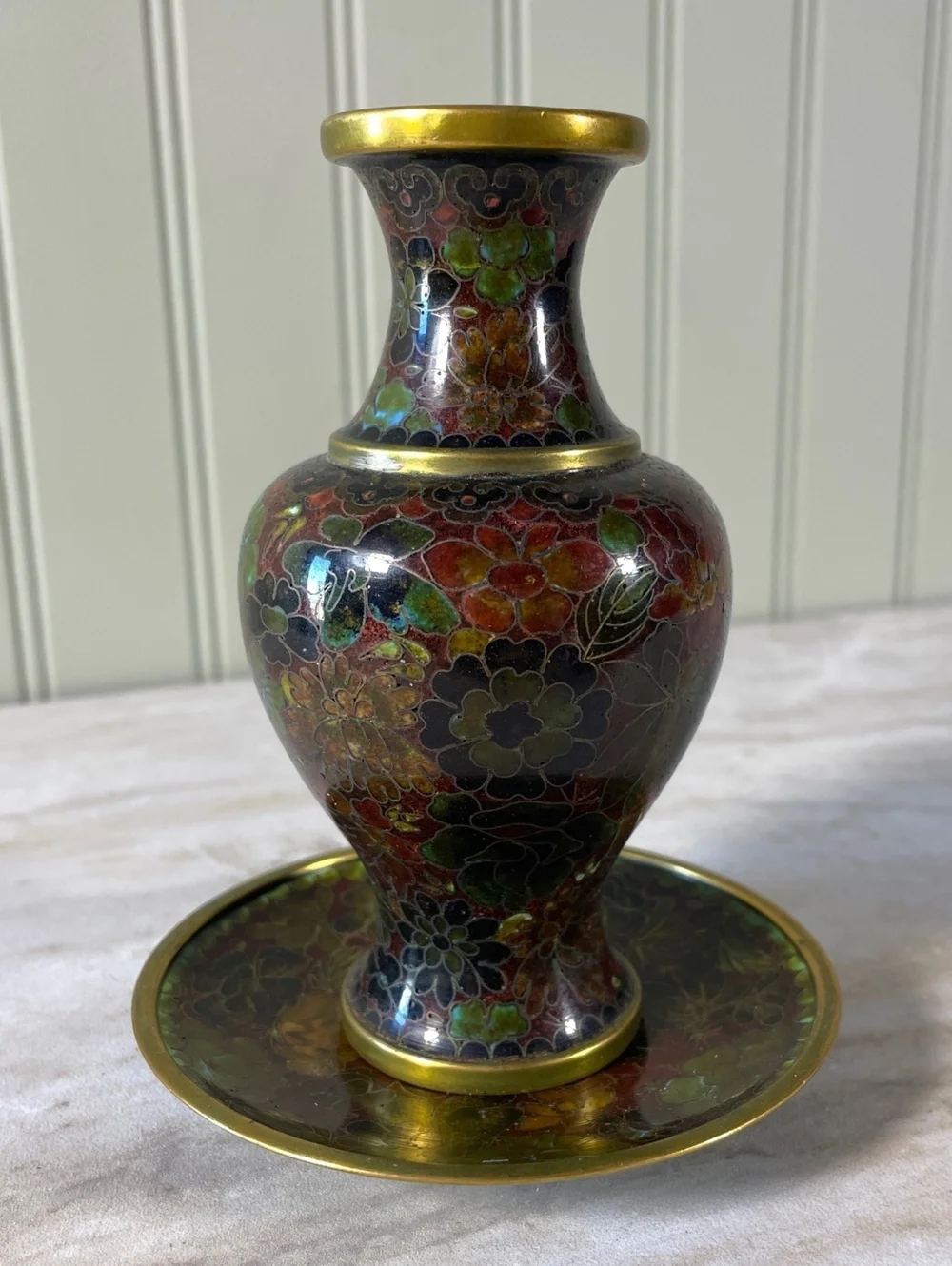 Vintage Floral Cloisonne Vase with Matching Dish